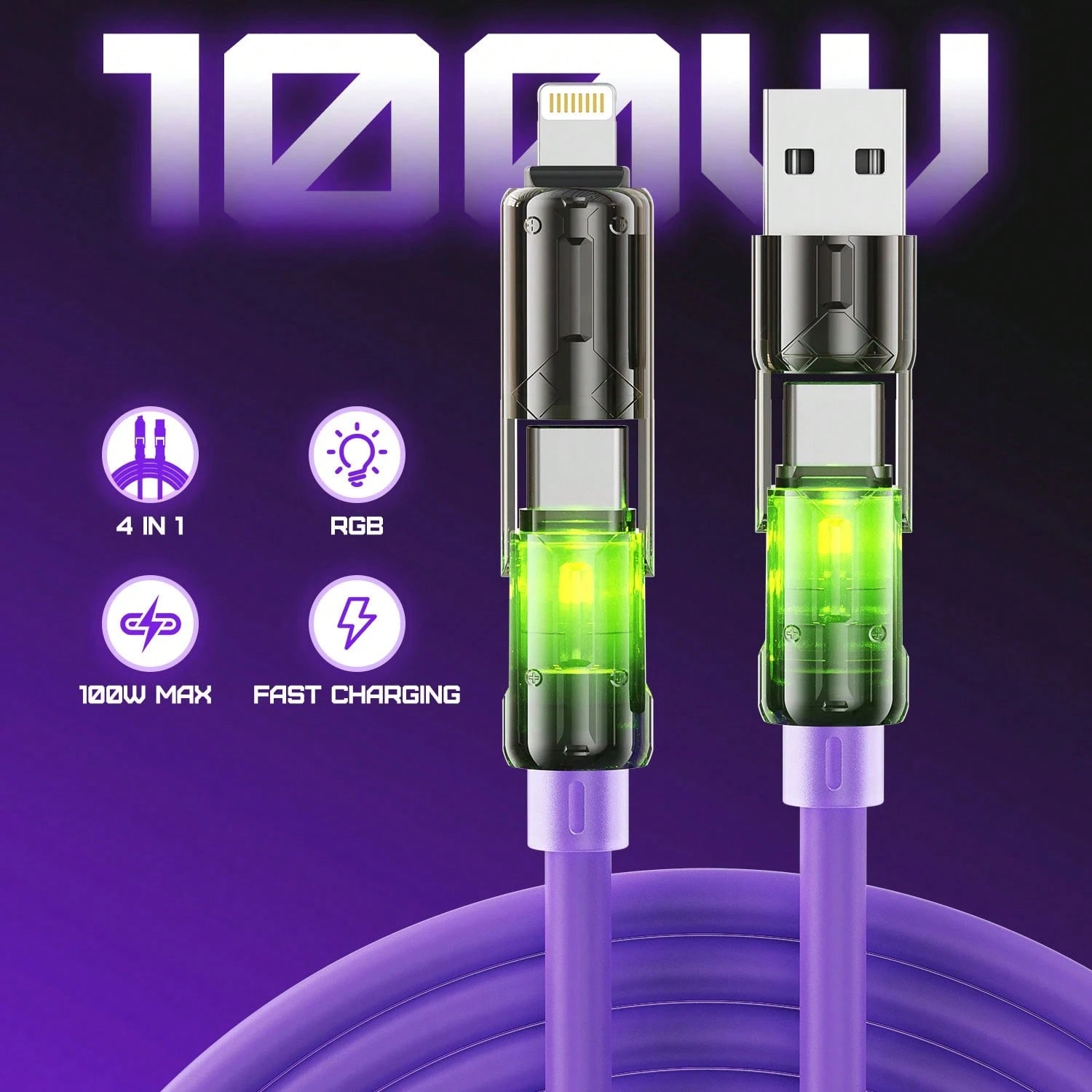 BinBoom 4 In 1 USB Charging Cable (3.3FT/3.9FT/6.6FT) With Breathing Light, USB A/C To C/L Multi Charging Cable For Phone 16 15 Pro Max, IPad Pro Air, SamSungS24, Phone 14 13 12