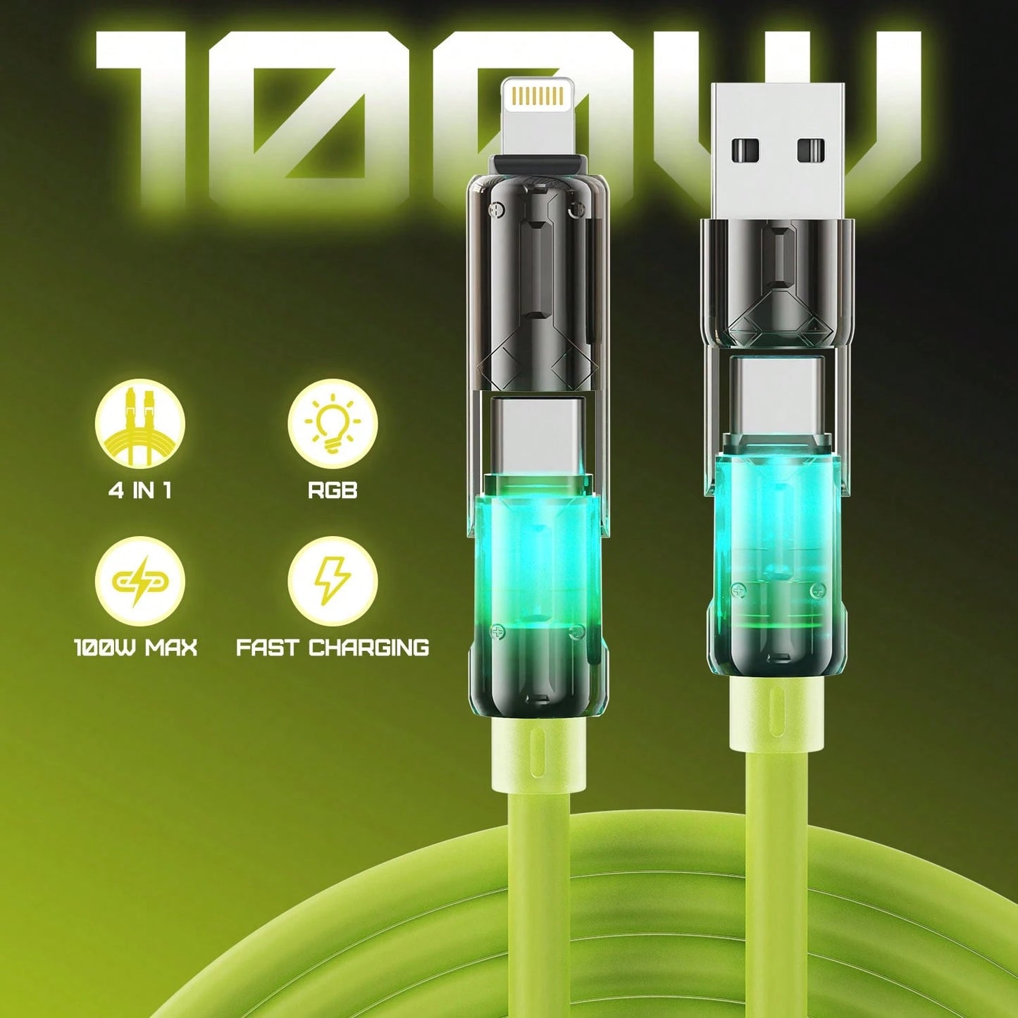 BinBoom 4 In 1 USB Charging Cable (3.3FT/3.9FT/6.6FT) With Breathing Light, USB A/C To C/L Multi Charging Cable For Phone 16 15 Pro Max, IPad Pro Air, SamSungS24, Phone 14 13 12