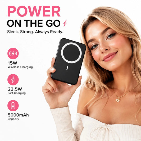 Black 5000mAh Magnetic Wireless Power Bank, 15W Wireless Pad Function And 22.5W USB-C Fast Charge Port For Day Trips, With Battery Level Screen, Compact Lightweight Shape And Smooth Phone Alignment, M