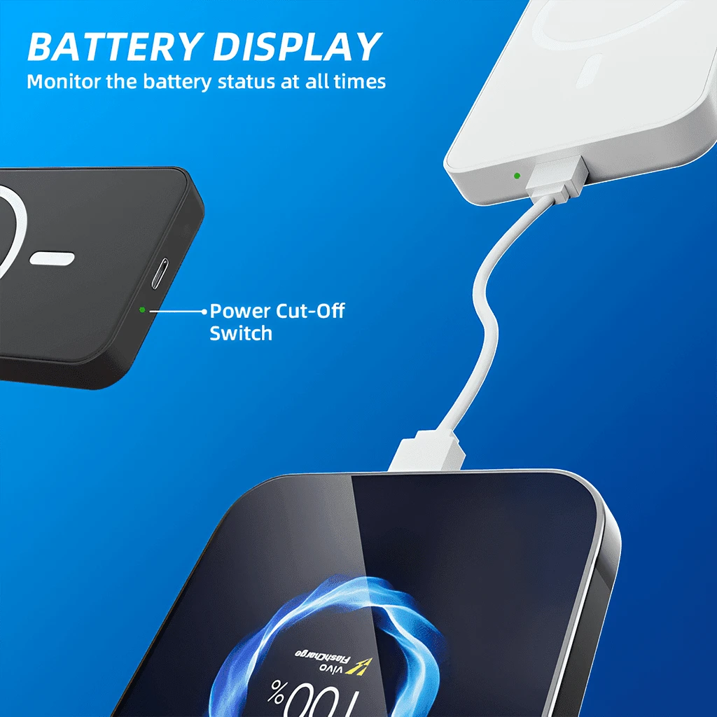 Black 5000mAh USB-C Magnetic Battery Pack, 15W Wireless Pad Function And 22.5W USB-C Fast Charge Port For Day Trips, With LED Percentage Screen, Slim Travel Shape And Steady Alignment For Daily Use, M