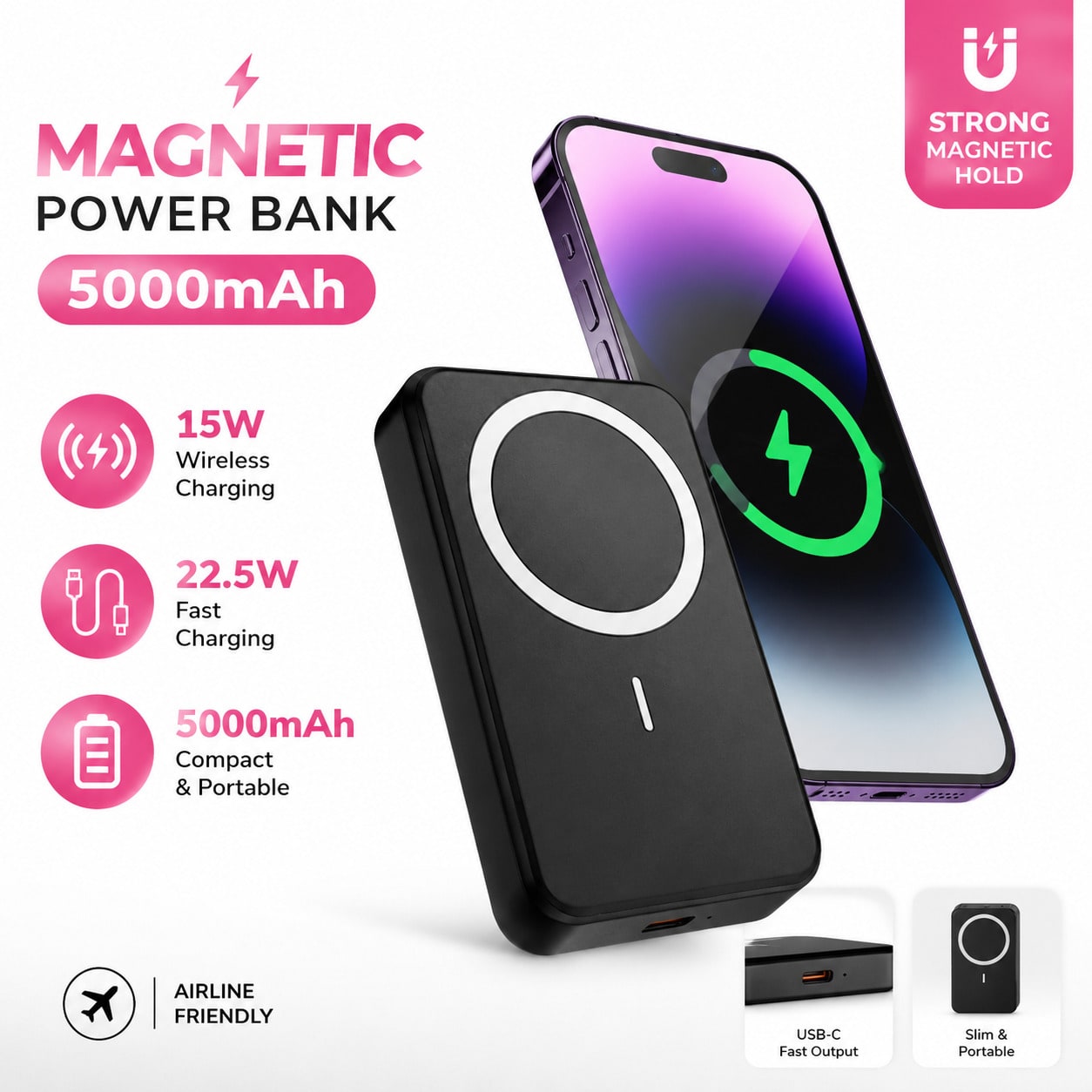 Black 5000mAh USB-C Magnetic Battery Pack, 15W Wireless Pad Function And 22.5W USB-C Fast Charge Port For Day Trips, With LED Percentage Screen, Slim Travel Shape And Steady Alignment For Daily Use, M