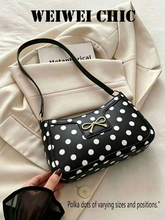 Black And White Polka Dot Faux Leather Baguette Shoulder Bag, Gold Metal Bow Accessory, Adjustable Thin PU Strap, Elegant Vintage Underarm Handbag, Sweet Retro Style Women's Essential, Perfect For Cof