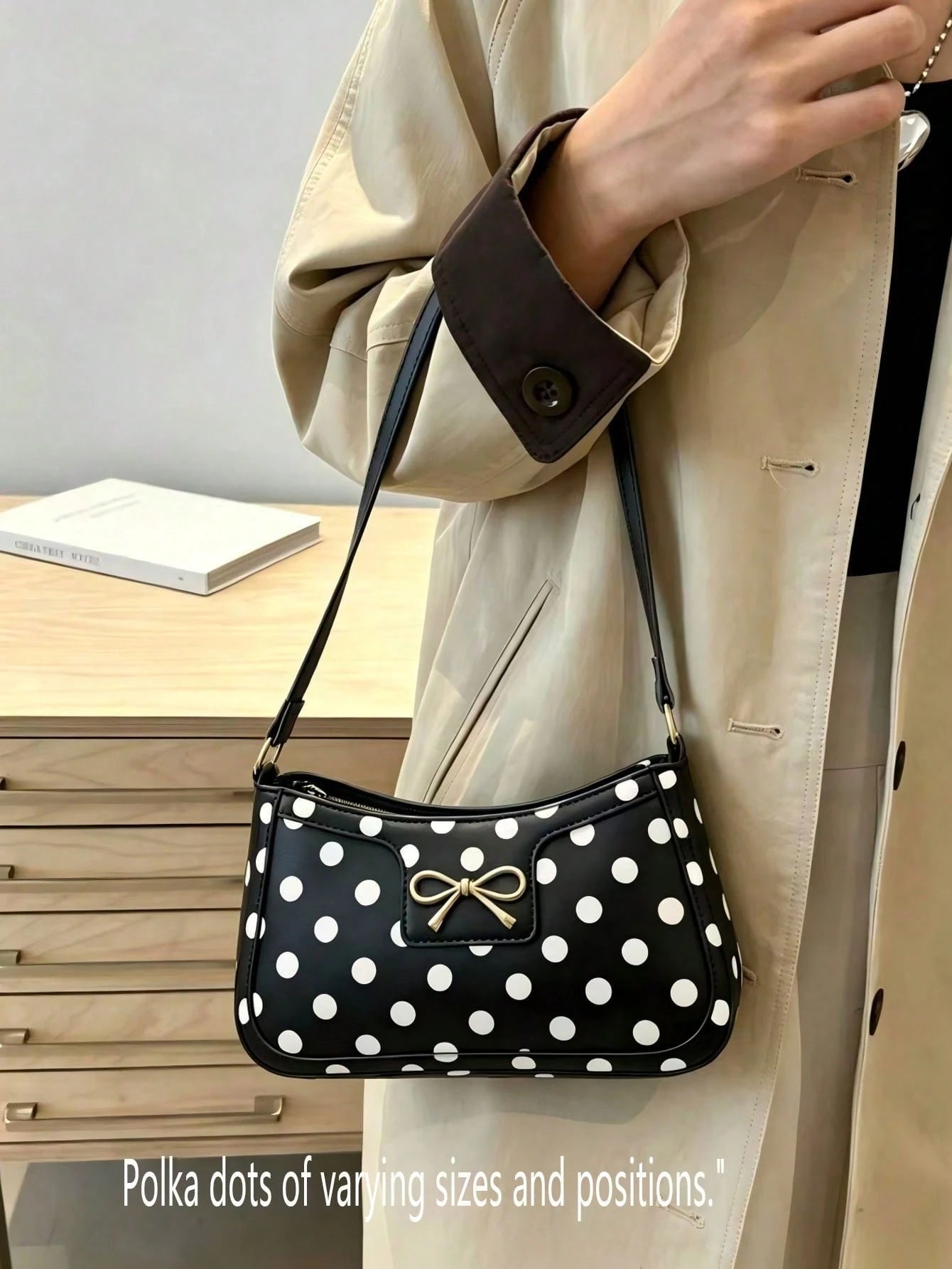 Black And White Polka Dot Faux Leather Baguette Shoulder Bag, Gold Metal Bow Accessory, Adjustable Thin PU Strap, Elegant Vintage Underarm Handbag, Sweet Retro Style Women's Essential, Perfect For Cof
