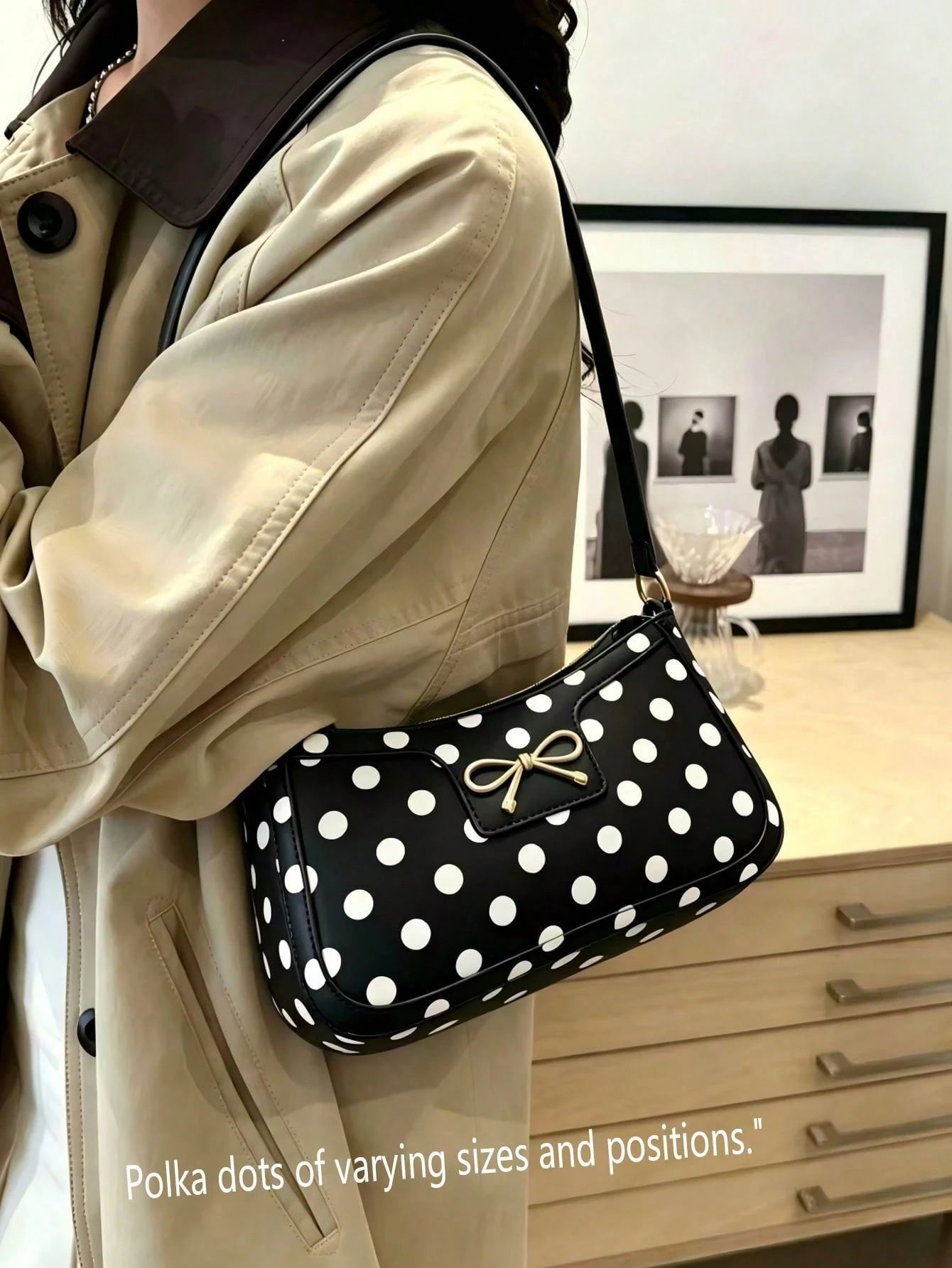 Black And White Polka Dot Faux Leather Baguette Shoulder Bag, Gold Metal Bow Accessory, Adjustable Thin PU Strap, Elegant Vintage Underarm Handbag, Sweet Retro Style Women's Essential, Perfect For Cof