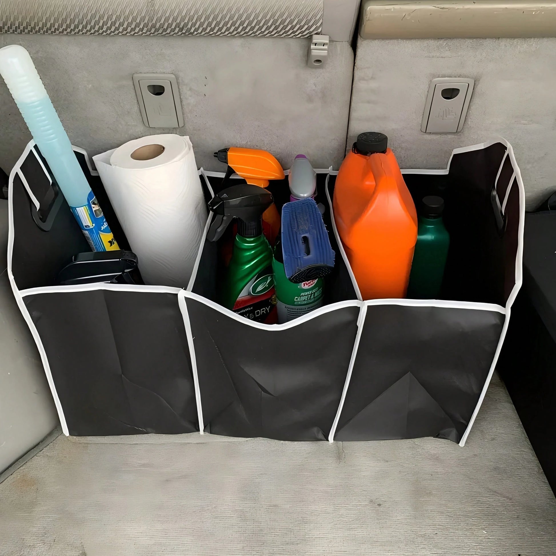 Black Folding Car Storage Box With Mesh Pockets- Large Capacity, Space-Saving Travel Design, Small And Foldable For Easy Storage,Urable Fabric With White Decoration, Perfect For Car Interior Organiza