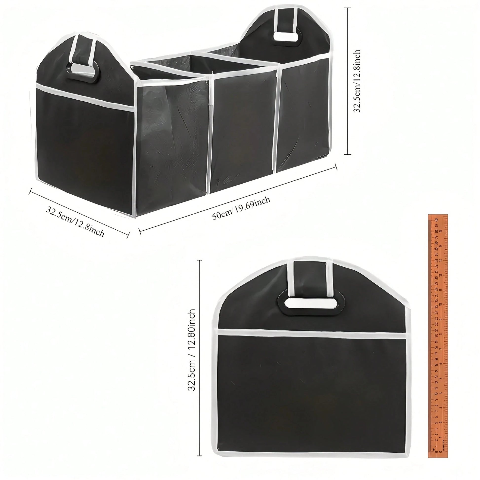 Black Folding Car Storage Box With Mesh Pockets- Large Capacity, Space-Saving Travel Design, Small And Foldable For Easy Storage,Urable Fabric With White Decoration, Perfect For Car Interior Organiza