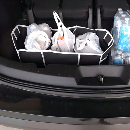 Black Folding Car Storage Box With Mesh Pockets- Large Capacity, Space-Saving Travel Design, Small And Foldable For Easy Storage,Urable Fabric With White Decoration, Perfect For Car Interior Organiza