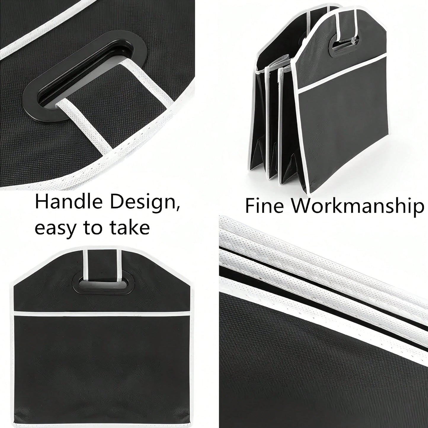 Black Folding Car Storage Box With Mesh Pockets- Large Capacity, Space-Saving Travel Design, Small And Foldable For Easy Storage,Urable Fabric With White Decoration, Perfect For Car Interior Organiza