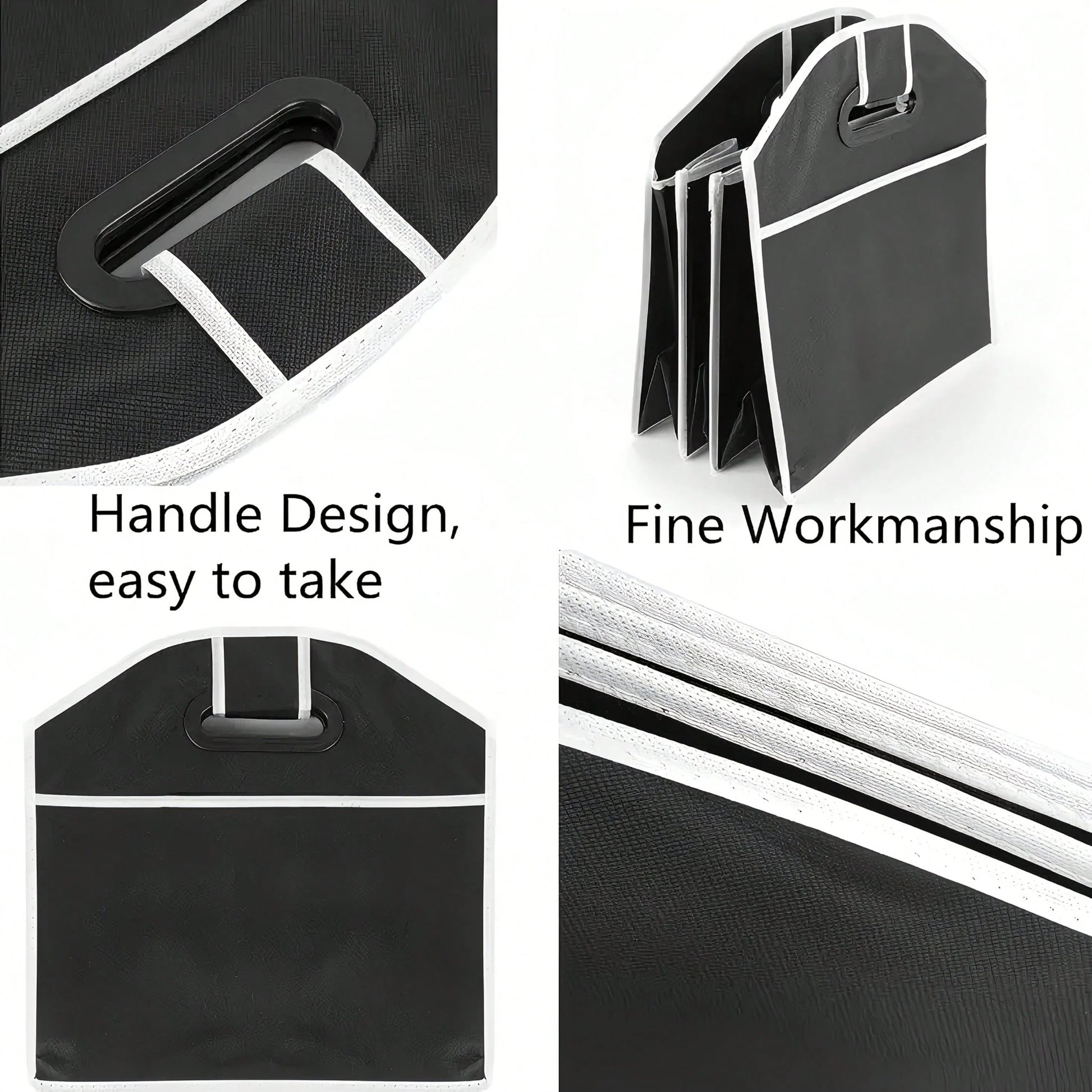 Black Folding Car Storage Box With Mesh Pockets- Large Capacity, Space-Saving Travel Design, Small And Foldable For Easy Storage,Urable Fabric With White Decoration, Perfect For Car Interior Organiza