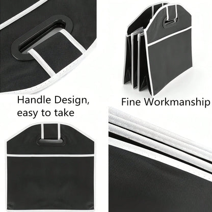 Black Folding Car Storage Box With Mesh Pockets- Large Capacity, Space-Saving Travel Design, Small And Foldable For Easy Storage,Urable Fabric With White Decoration, Perfect For Car Interior Organiza