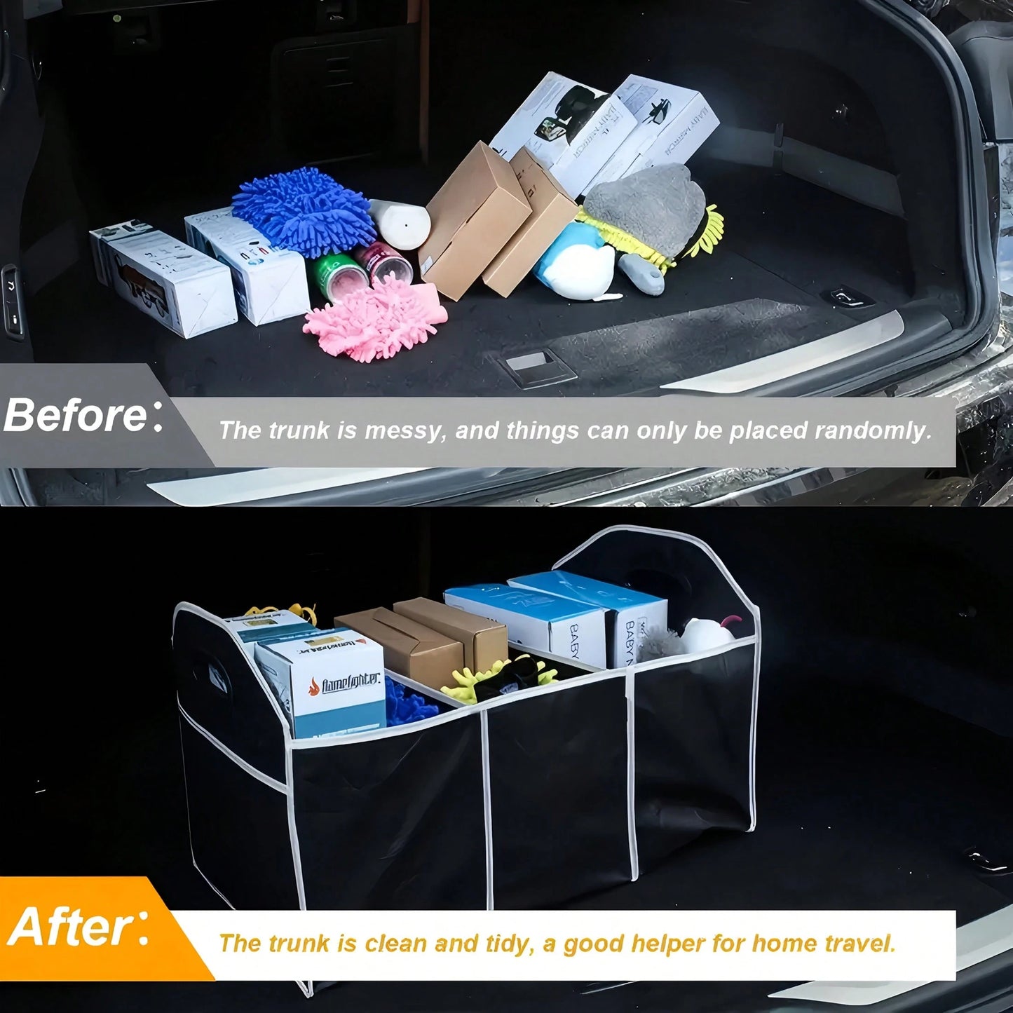 Black Folding Car Storage Box With Mesh Pockets- Large Capacity, Space-Saving Travel Design, Small And Foldable For Easy Storage,Urable Fabric With White Decoration, Perfect For Car Interior Organiza