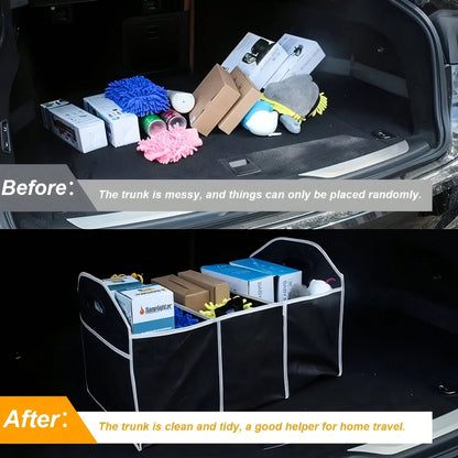 Black Folding Car Storage Box With Mesh Pockets- Large Capacity, Space-Saving Travel Design, Small And Foldable For Easy Storage,Urable Fabric With White Decoration, Perfect For Car Interior Organiza