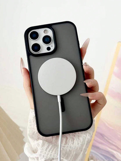 Black Magnetic Style Semi-Transparent Soft Shock-Absorbing Defender MagSafe Magnetic Phone Case Compatible With IPhone Black Phone Case Spring Gift