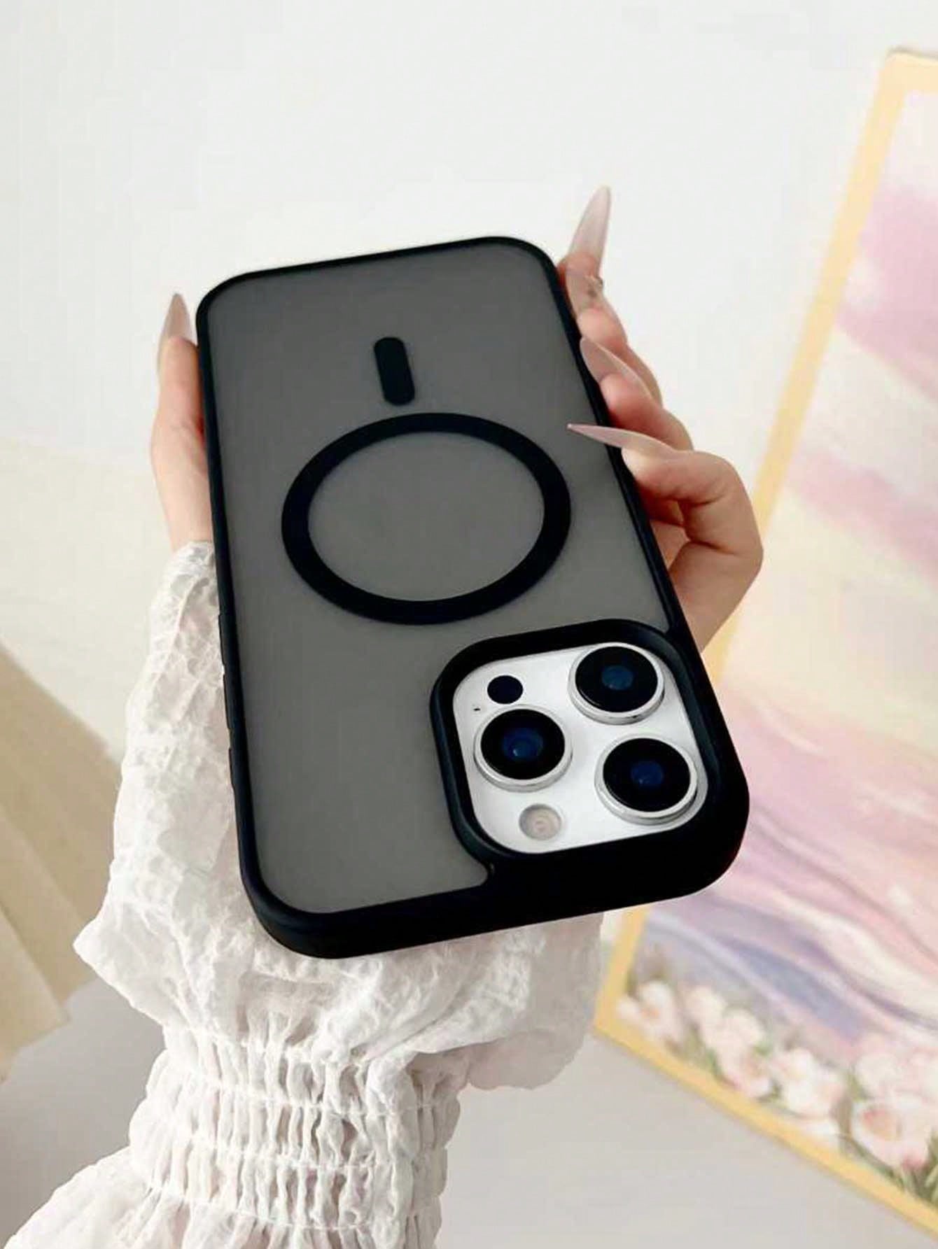 Black Magnetic Style Semi-Transparent Soft Shock-Absorbing Defender MagSafe Magnetic Phone Case Compatible With IPhone Black Phone Case Spring Gift