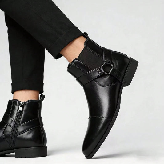 Black PU Buckle Decor Ankle Chelsea Boots, Men Side Zip Pointed Toe Daily Work Dress Short Boots