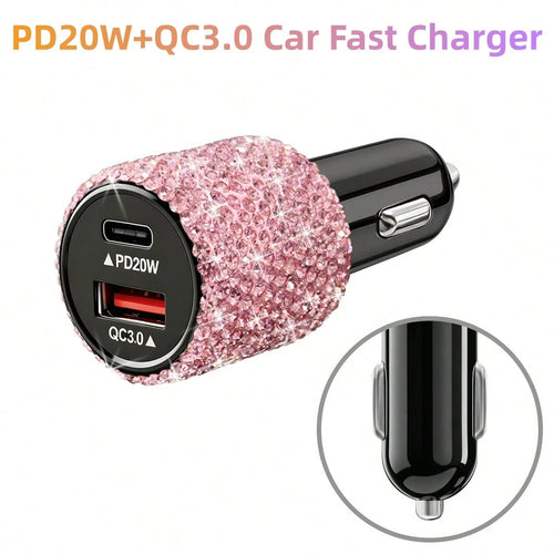 Bling Bling 1PC Sparkling Rhinestone Car Charger, Diamond Car Charging Adapter, Fast Charging, PD+USB, USB Type-A/Type-C Car Phone Charger; Pink, White, Black, Colorful, Red, Blue, And Other Multicolo