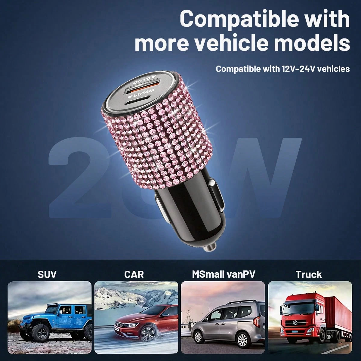 Bling Bling 1PC Sparkling Rhinestone Car Charger, Diamond Car Charging Adapter, Fast Charging, PD+USB, USB Type-A/Type-C Car Phone Charger; Pink, White, Black, Colorful, Red, Blue, And Other Multicolo