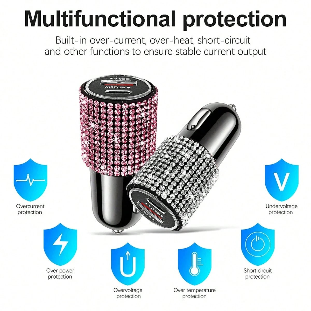 Bling Bling 1PC Sparkling Rhinestone Car Charger, Diamond Car Charging Adapter, Fast Charging, PD+USB, USB Type-A/Type-C Car Phone Charger; Pink, White, Black, Colorful, Red, Blue, And Other Multicolo