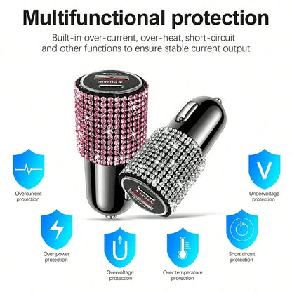Bling Bling 1PC Sparkling Rhinestone Car Charger, Diamond Car Charging Adapter, Fast Charging, PD+USB, USB Type-A/Type-C Car Phone Charger; Pink, White, Black, Colorful, Red, Blue, And Other Multicolo