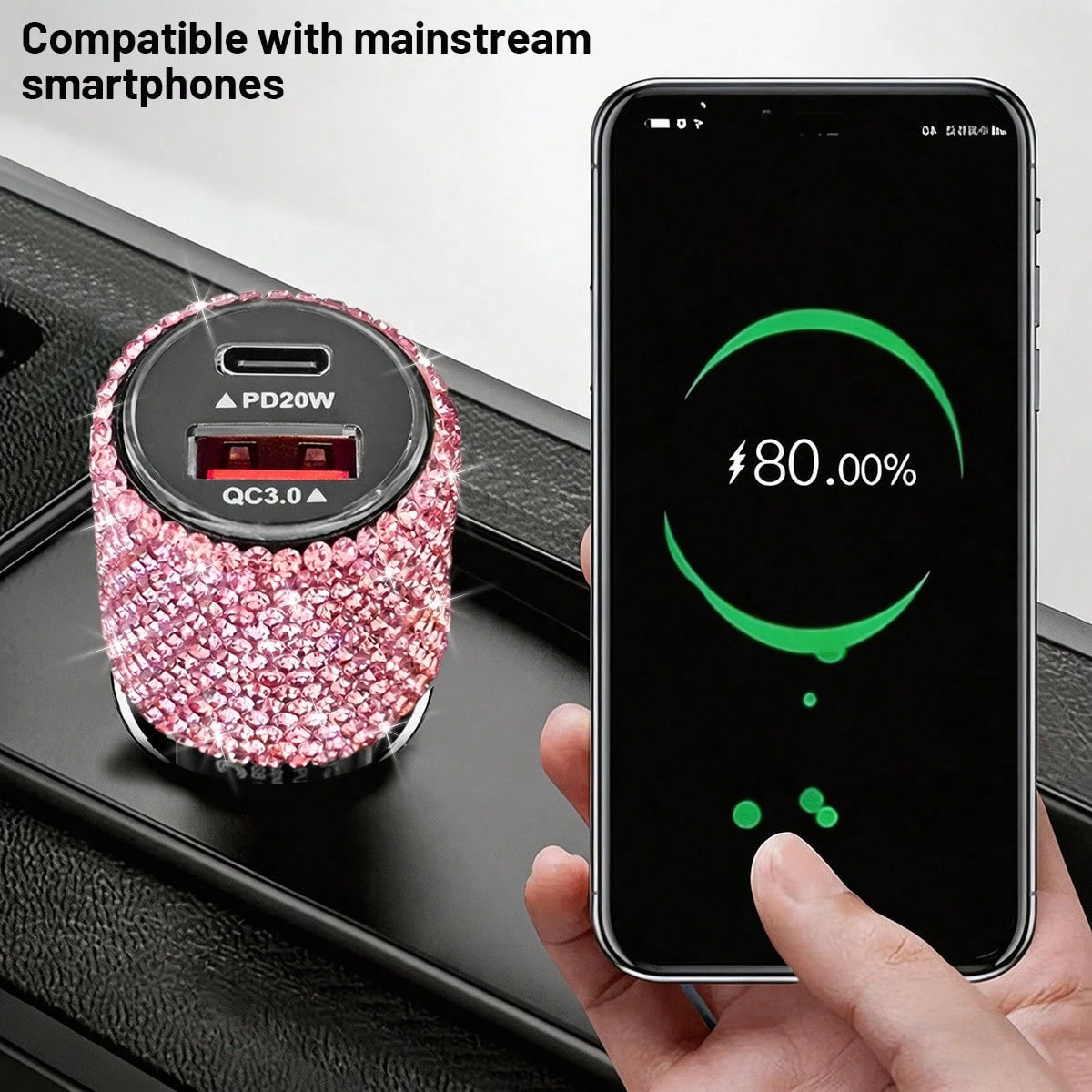 Bling Bling 1PC Sparkling Rhinestone Car Charger, Diamond Car Charging Adapter, Fast Charging, PD+USB, USB Type-A/Type-C Car Phone Charger; Pink, White, Black, Colorful, Red, Blue, And Other Multicolo