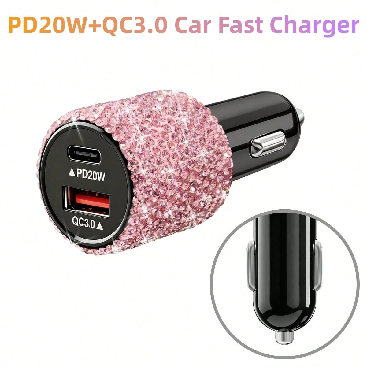 Bling Bling 1PC Sparkling Rhinestone Car Charger, Diamond Car Charging Adapter, Fast Charging, PD+USB, USB Type-A/Type-C Car Phone Charger; Pink, White, Black, Colorful, Red, Blue, And Other Multicolo