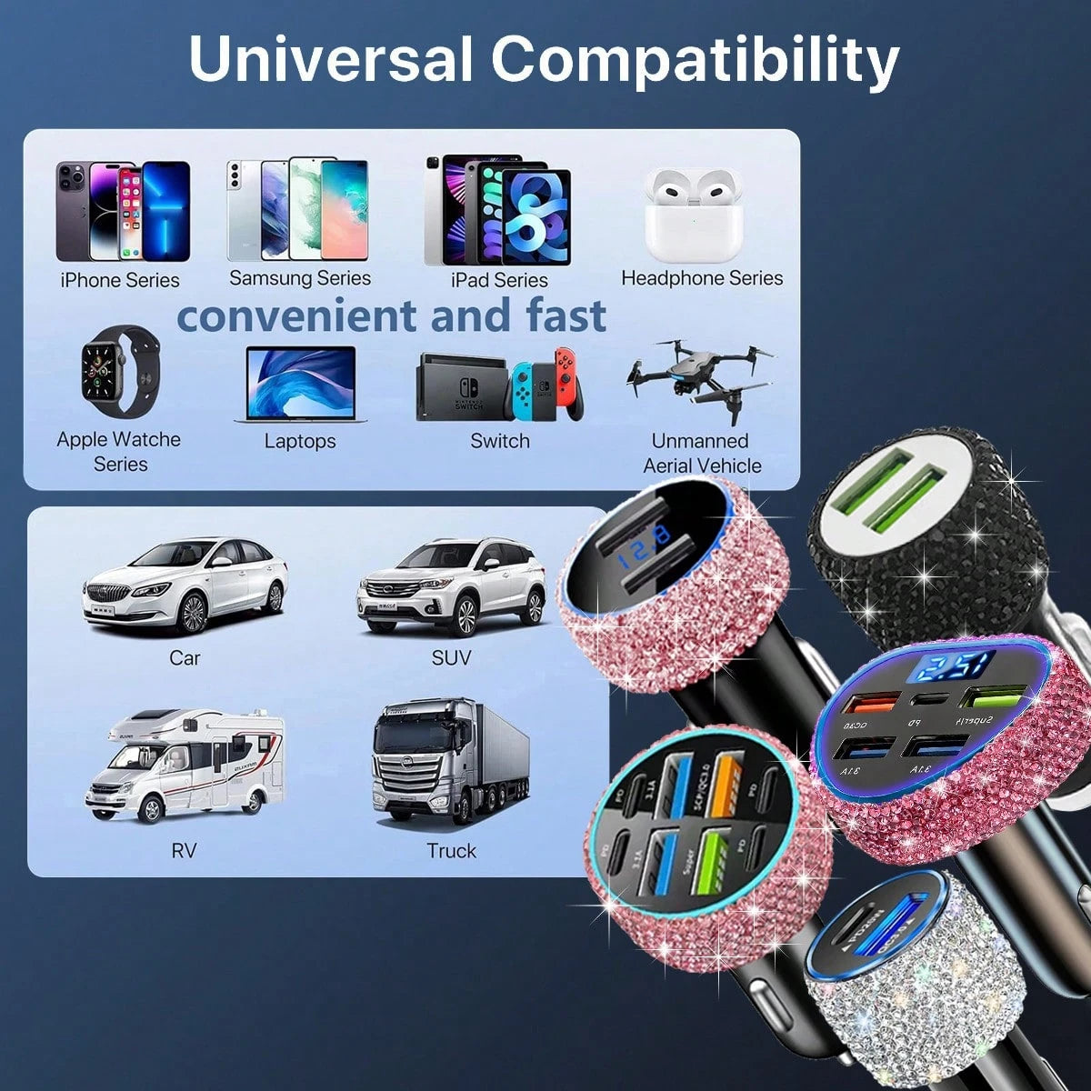 Bling Bling 1PC Sparkling Rhinestone Car Charger, Diamond Car Charging Adapter, Fast Charging, PD+USB, USB Type-A/Type-C Car Phone Charger; Pink, White, Black, Colorful, Red, Blue, And Other Multicolo