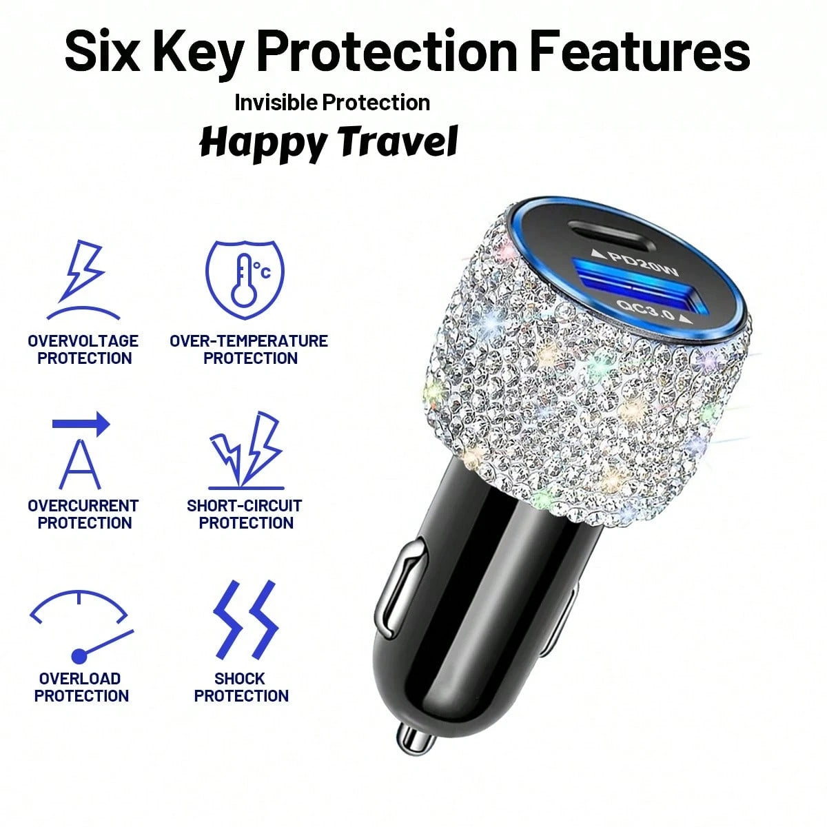 Bling Bling 1PC Sparkling Rhinestone Car Charger, Diamond Car Charging Adapter, Fast Charging, PD+USB, USB Type-A/Type-C Car Phone Charger; Pink, White, Black, Colorful, Red, Blue, And Other Multicolo
