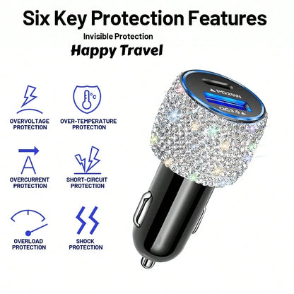 Bling Bling 1PC Sparkling Rhinestone Car Charger, Diamond Car Charging Adapter, Fast Charging, PD+USB, USB Type-A/Type-C Car Phone Charger; Pink, White, Black, Colorful, Red, Blue, And Other Multicolo