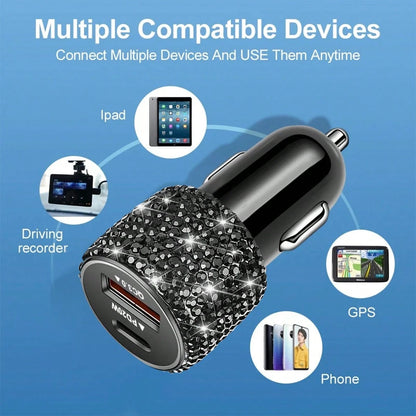 Bling Bling 1PC Sparkling Rhinestone Car Charger, Diamond Car Charging Adapter, Fast Charging, PD+USB, USB Type-A/Type-C Car Phone Charger; Pink, White, Black, Colorful, Red, Blue, And Other Multicolo
