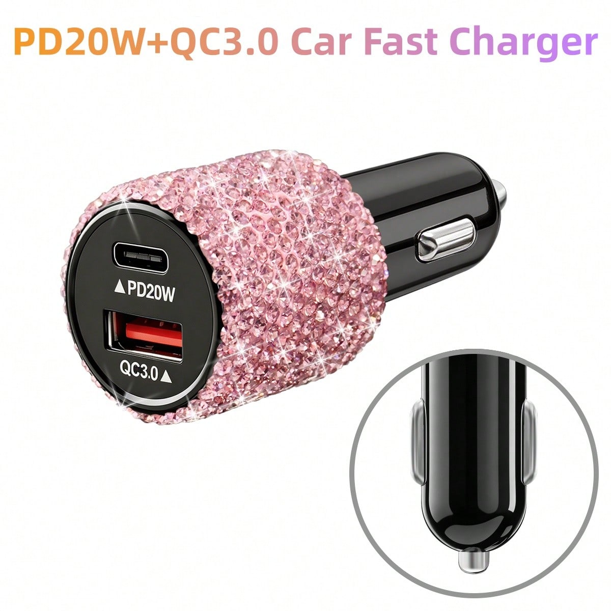 Bling Bling 1PC Sparkling Rhinestone Car Charger, Diamond Car Charging Adapter, Fast Charging, PD+USB, USB Type-A/Type-C Car Phone Charger; Pink, White, Black, Colorful, Red, Blue, And Other Multicolo