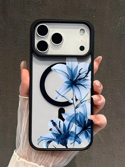 Blue Lily Magnetic MagSafe Snap Case. It's Suitable For IPhone 17, 17 Air, 17 Pro, 17 Pro Max, 16, 15, 14 Pro Max, 13, 12, 11 Plus, And The Galaxy S22/S23/S24/25/26 Ultra/FE+. It's A Shockproof Acryli