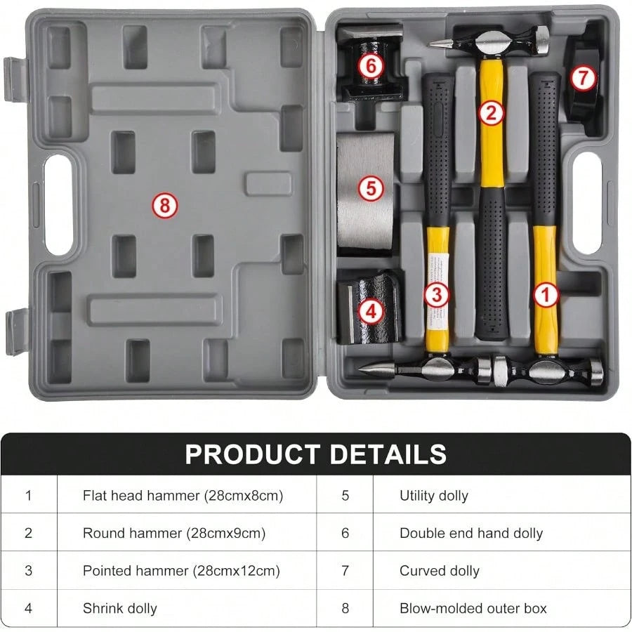 Body Shaping And Forming Repair Piece Kit- Roller Fixer Dent Remover Set With Hammer And Dolly
