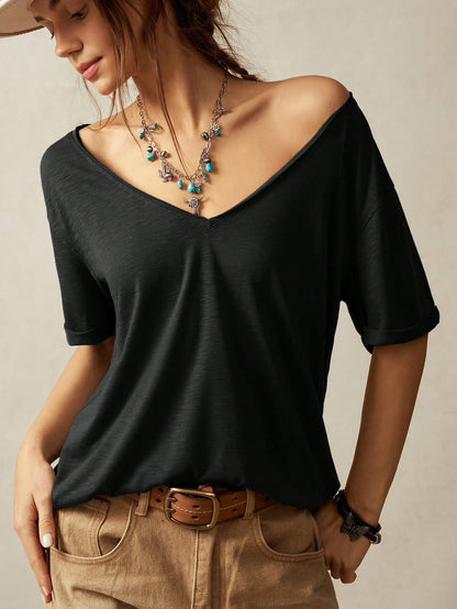 Bohemela Plus Size Casual Solid Color Short Sleeve T-Shirt, Summer V Neck T-Shirt Women T Shirt V Neck Tops Tee Casual Tops Women Summer,Holiday For Women