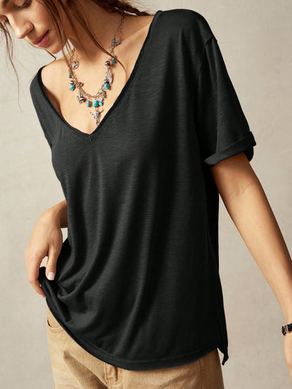 Bohemela Plus Size Casual Solid Color Short Sleeve T-Shirt, Summer V Neck T-Shirt Women T Shirt V Neck Tops Tee Casual Tops Women Summer,Holiday For Women