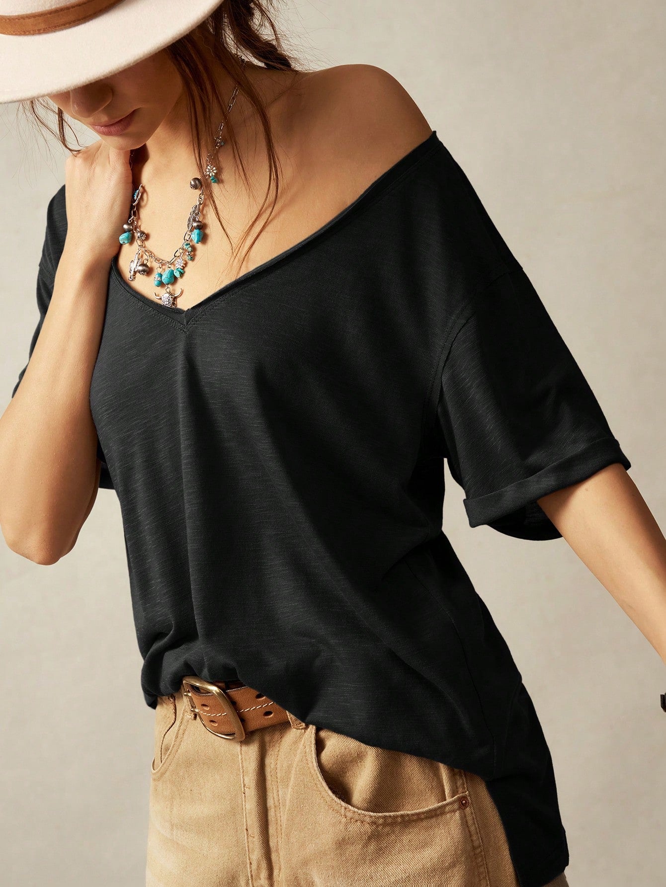Bohemela Plus Size Casual Solid Color Short Sleeve T-Shirt, Summer V Neck T-Shirt Women T Shirt V Neck Tops Tee Casual Tops Women Summer,Holiday For Women