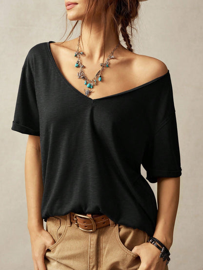Bohemela Plus Size Casual Solid Color Short Sleeve T-Shirt, Summer V Neck T-Shirt Women T Shirt V Neck Tops Tee Casual Tops Women Summer,Holiday For Women