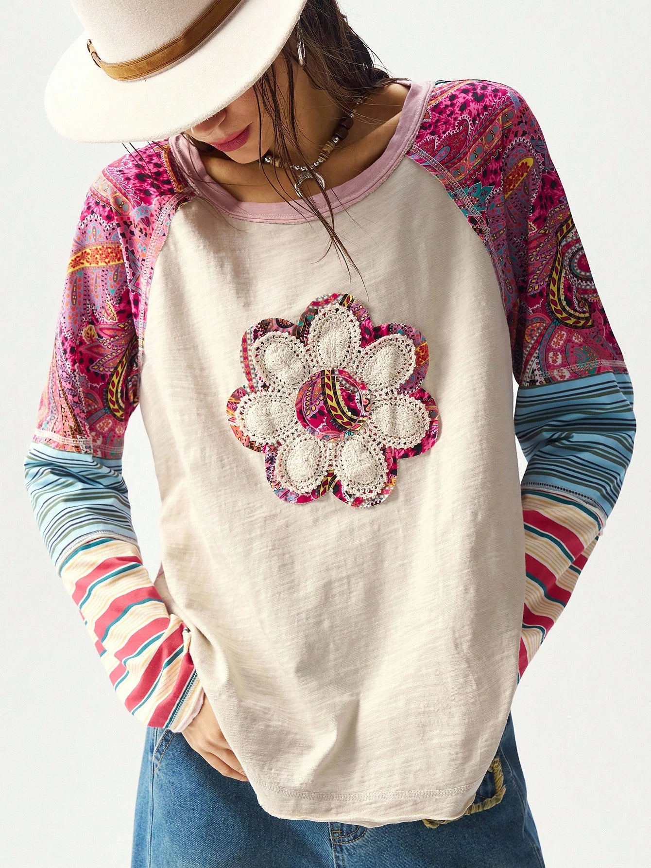 Bohemela Plus Size Women Floral Applique Round Neck Raglan Sleeve Casual Loose T-Shirt Fall