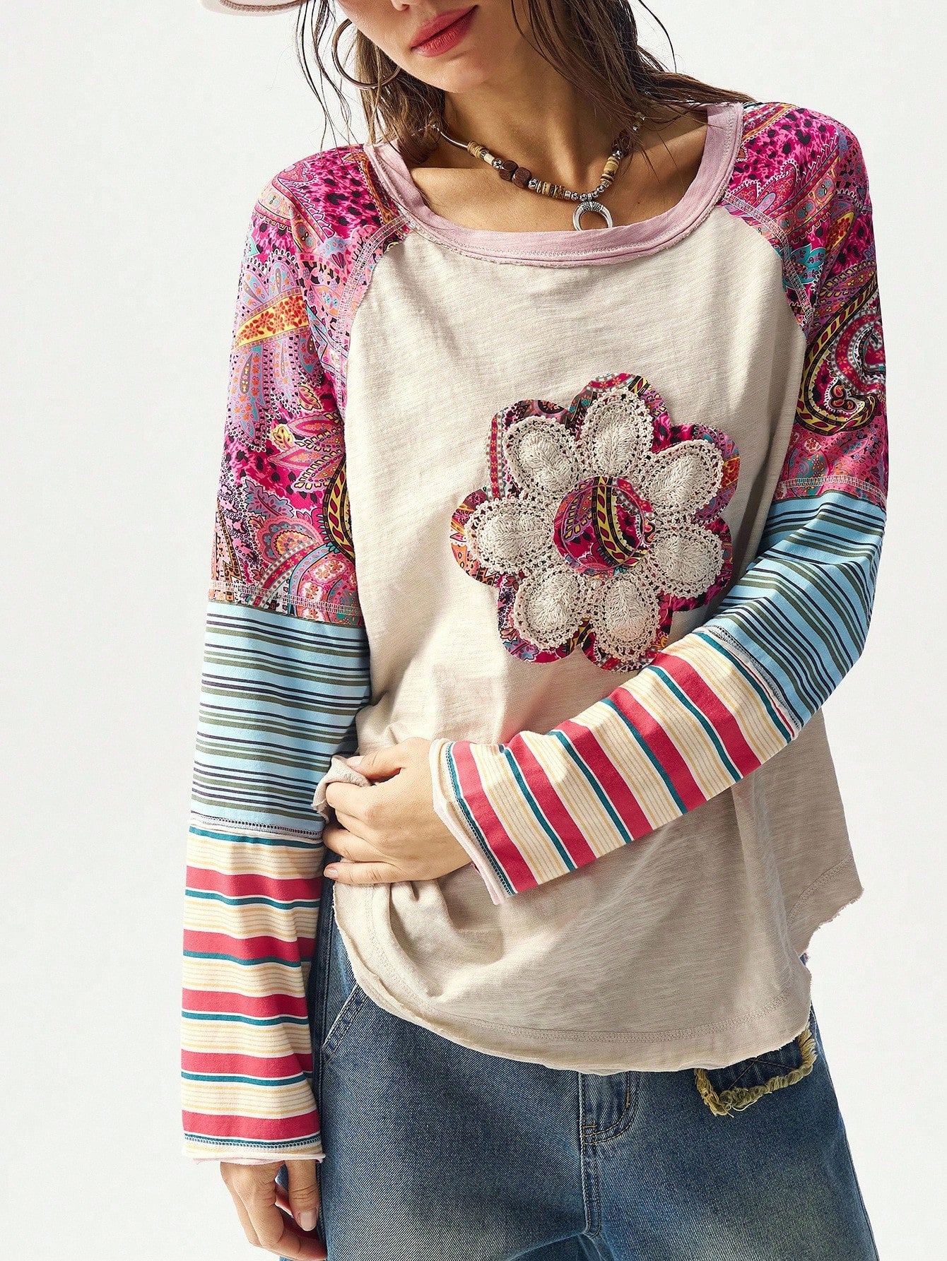 Bohemela Plus Size Women Floral Applique Round Neck Raglan Sleeve Casual Loose T-Shirt Fall