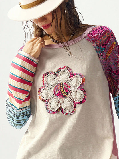 Bohemela Plus Size Women Floral Applique Round Neck Raglan Sleeve Casual Loose T-Shirt Fall