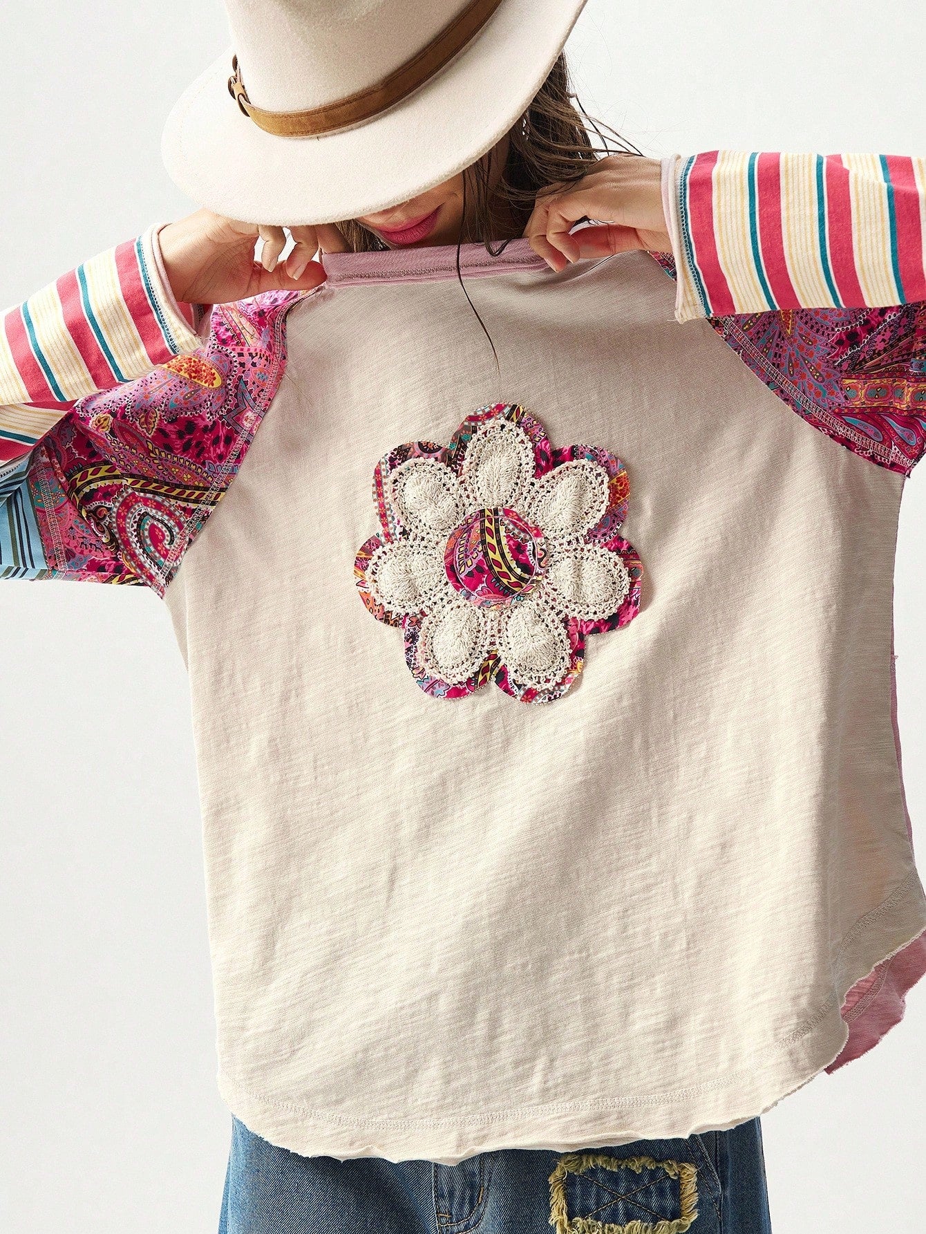 Bohemela Plus Size Women Floral Applique Round Neck Raglan Sleeve Casual Loose T-Shirt Fall