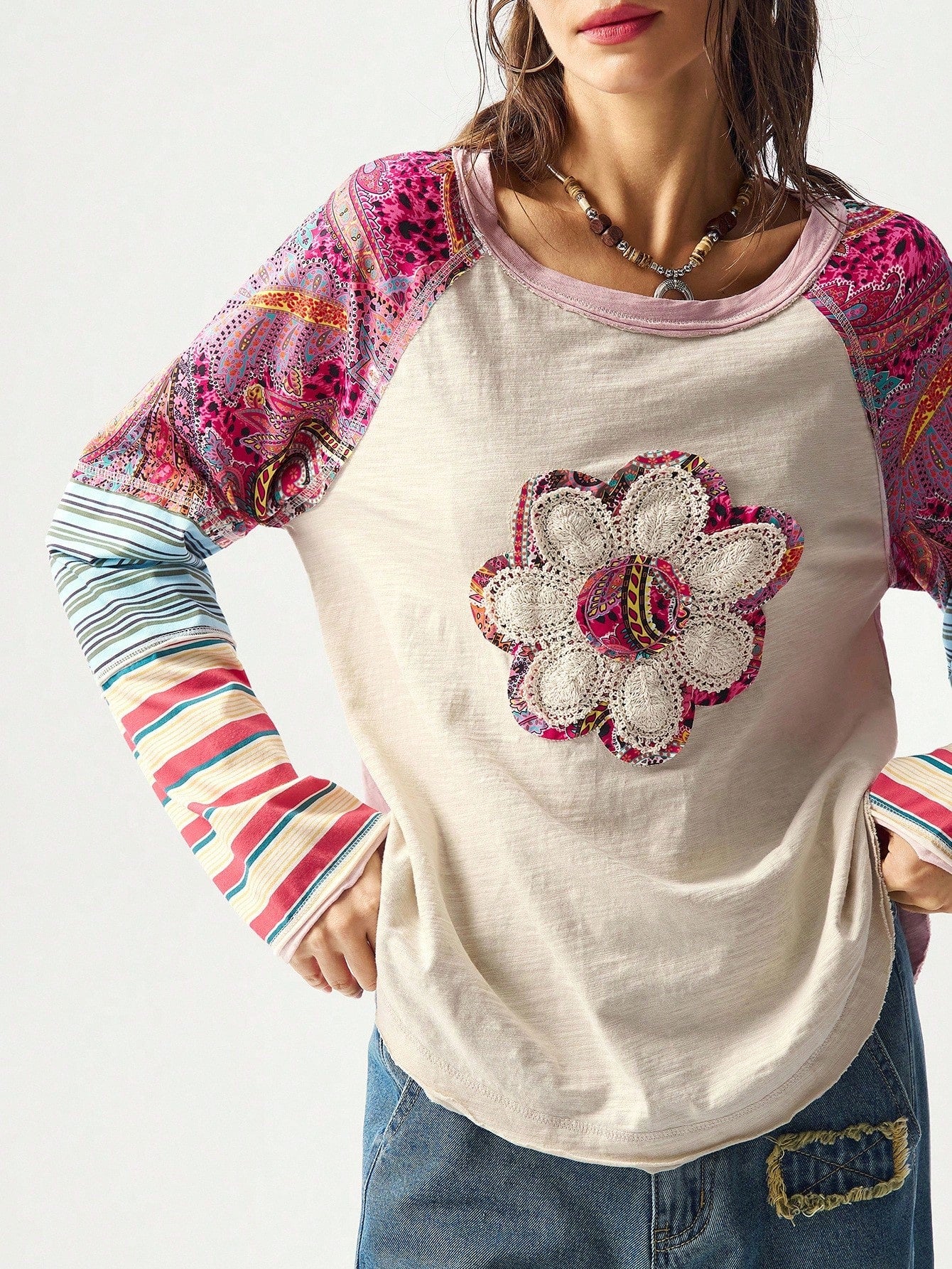 Bohemela Plus Size Women Floral Applique Round Neck Raglan Sleeve Casual Loose T-Shirt Fall