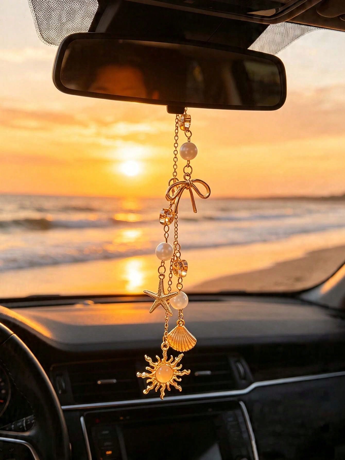 Bohemian Ocean Themed Car Mirror Charm, Gold Plated Sun Starfish Shell Hanging Ornament With Bow & Crystal Beads, Coastal Aesthetic Rearview Mirror Pendant, Nautical Beach Vibe Car Interior Decor, Sun