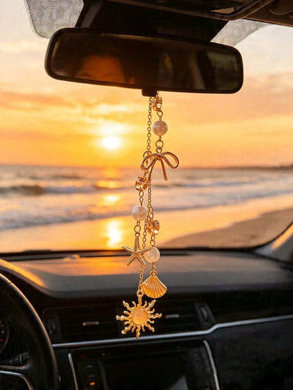 Bohemian Ocean Themed Car Mirror Charm, Gold Plated Sun Starfish Shell Hanging Ornament With Bow & Crystal Beads, Coastal Aesthetic Rearview Mirror Pendant, Nautical Beach Vibe Car Interior Decor, Sun