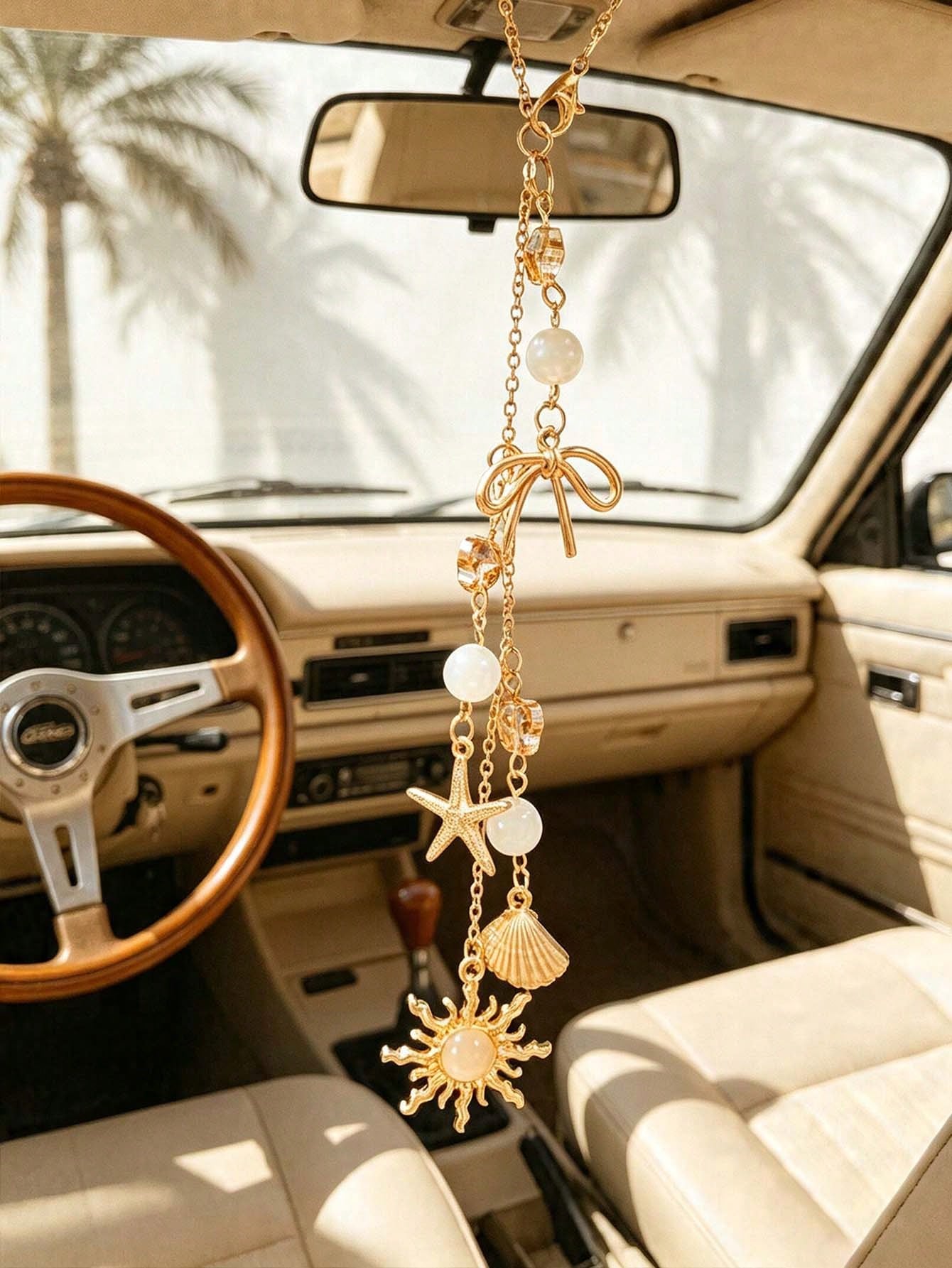 Bohemian Ocean Themed Car Mirror Charm, Gold Plated Sun Starfish Shell Hanging Ornament With Bow & Crystal Beads, Coastal Aesthetic Rearview Mirror Pendant, Nautical Beach Vibe Car Interior Decor, Sun