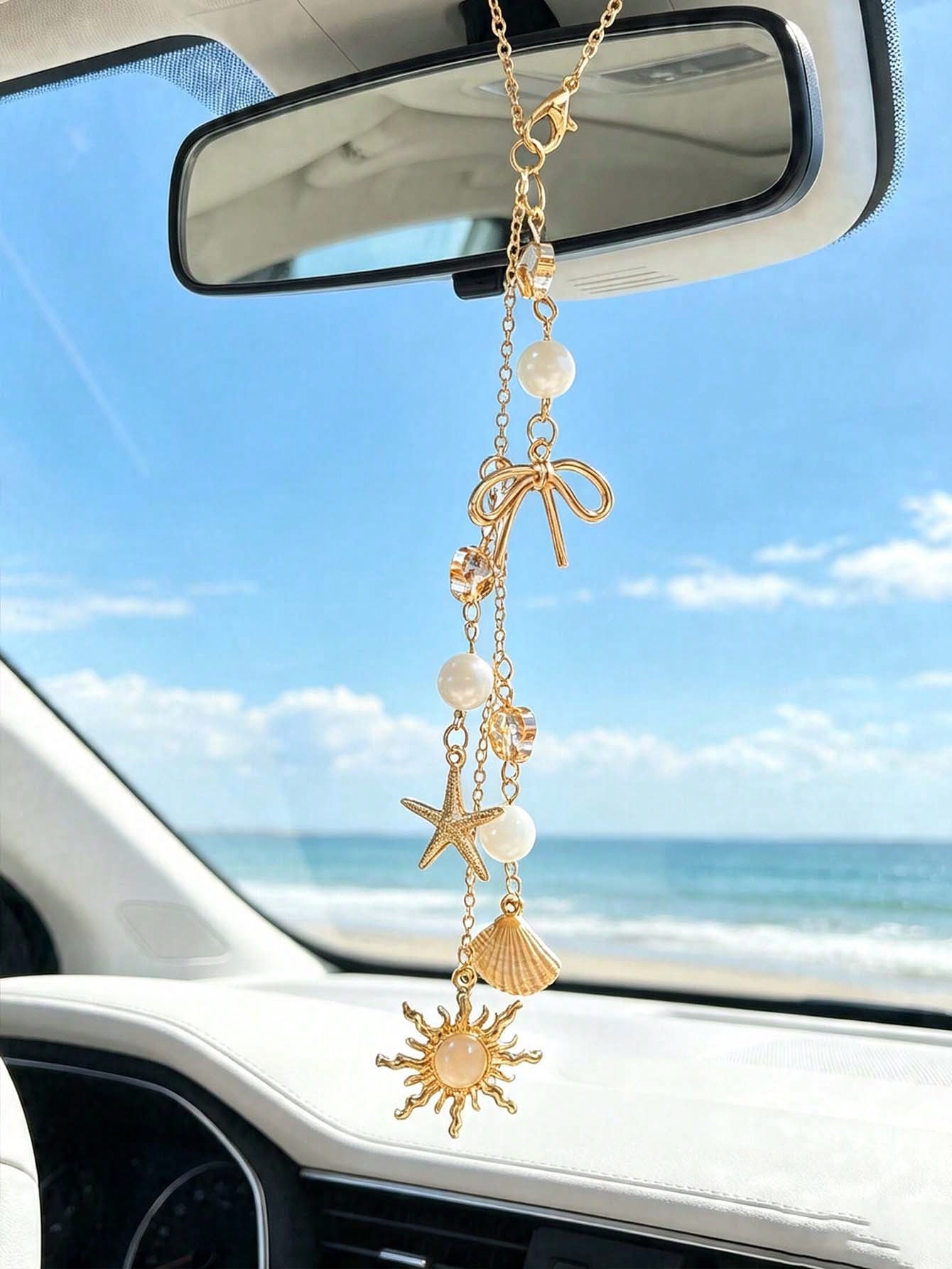 Bohemian Ocean Themed Car Mirror Charm, Gold Plated Sun Starfish Shell Hanging Ornament With Bow & Crystal Beads, Coastal Aesthetic Rearview Mirror Pendant, Nautical Beach Vibe Car Interior Decor, Sun