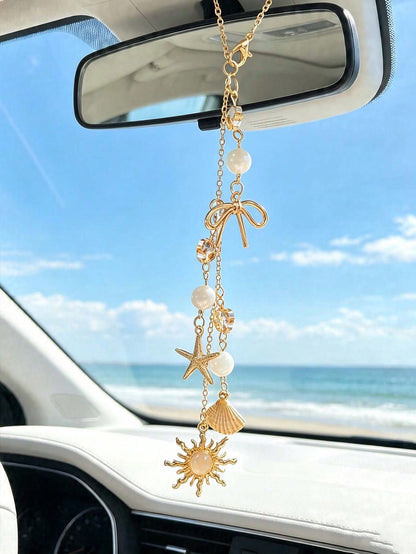 Bohemian Ocean Themed Car Mirror Charm, Gold Plated Sun Starfish Shell Hanging Ornament With Bow & Crystal Beads, Coastal Aesthetic Rearview Mirror Pendant, Nautical Beach Vibe Car Interior Decor, Sun