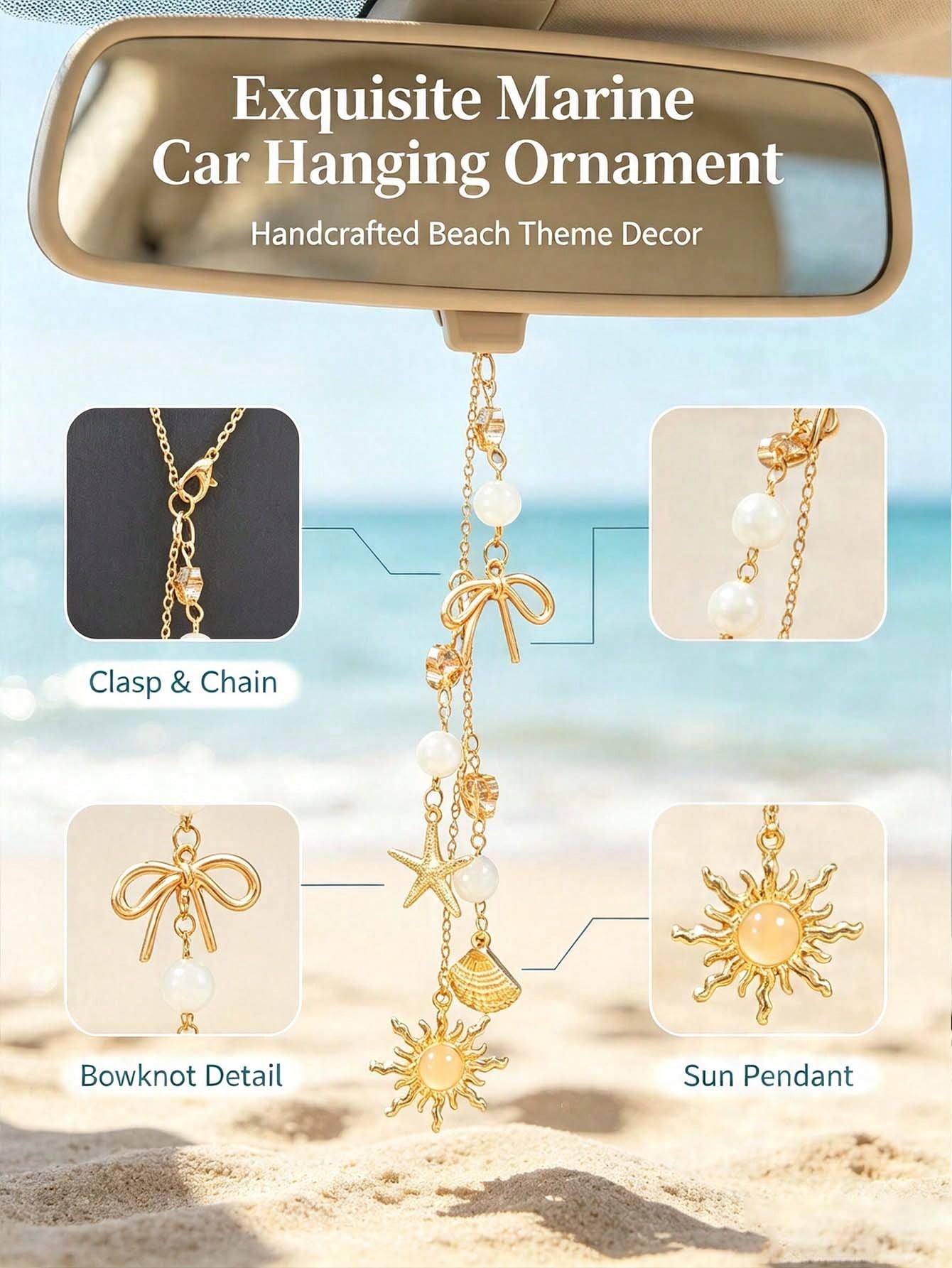 Bohemian Ocean Themed Car Mirror Charm, Gold Plated Sun Starfish Shell Hanging Ornament With Bow & Crystal Beads, Coastal Aesthetic Rearview Mirror Pendant, Nautical Beach Vibe Car Interior Decor, Sun