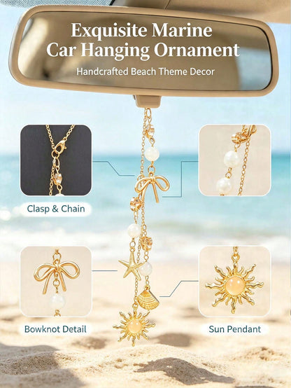 Bohemian Ocean Themed Car Mirror Charm, Gold Plated Sun Starfish Shell Hanging Ornament With Bow & Crystal Beads, Coastal Aesthetic Rearview Mirror Pendant, Nautical Beach Vibe Car Interior Decor, Sun