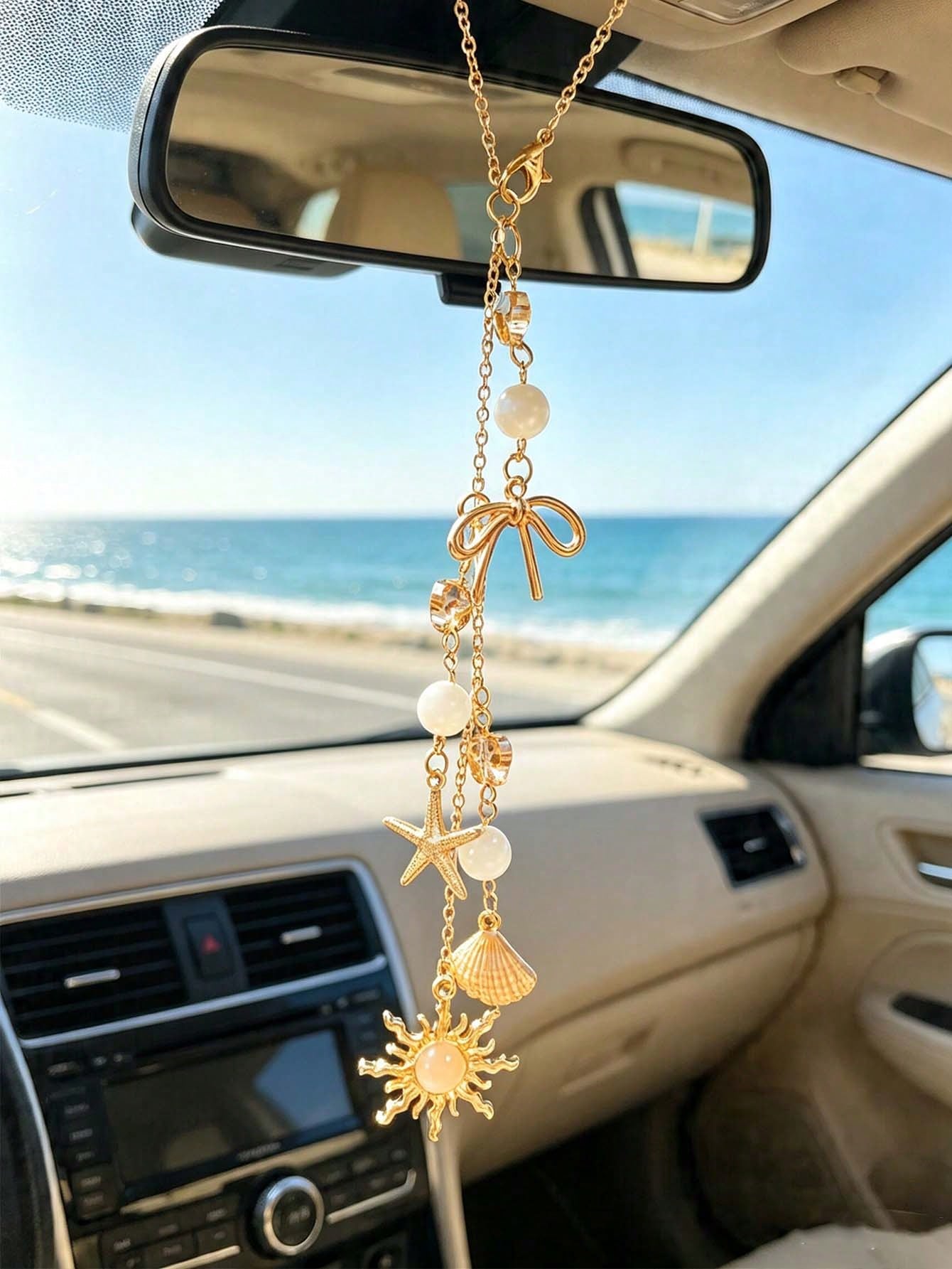Bohemian Ocean Themed Car Mirror Charm, Gold Plated Sun Starfish Shell Hanging Ornament With Bow & Crystal Beads, Coastal Aesthetic Rearview Mirror Pendant, Nautical Beach Vibe Car Interior Decor, Sun