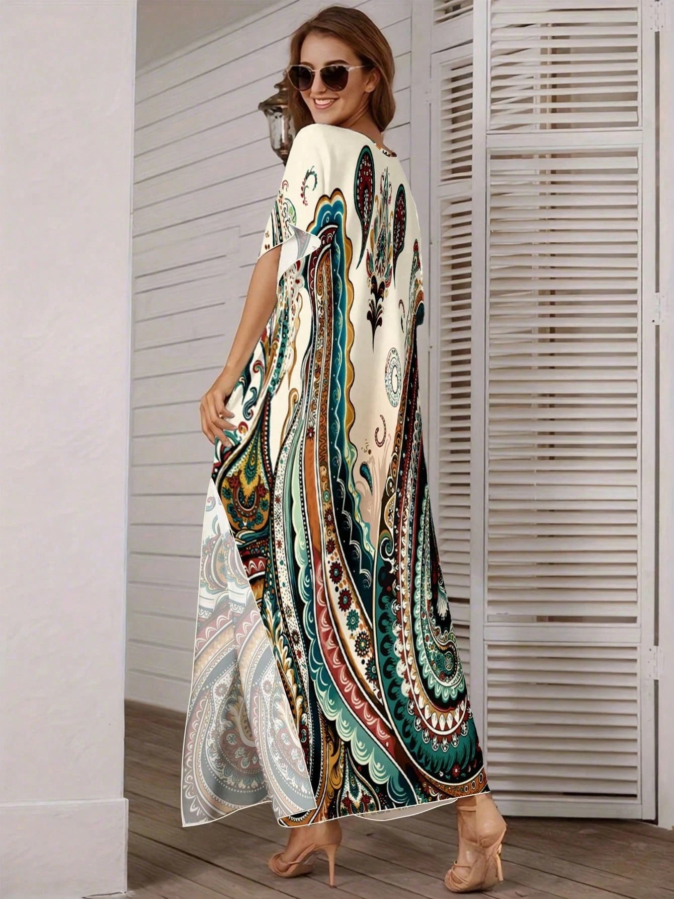 Bohemian Paisley Print V-Neck Long Cover-Up, Plus Size Women's Casual Short Sleeve Vacation Beach Dress Summer